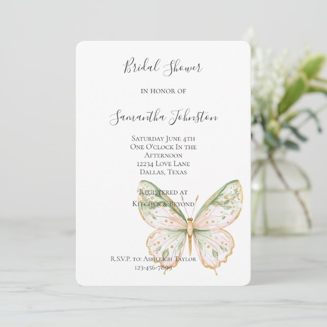 Invitation Blush Pink Mint Green Gold Butterfly Bridal Shower (Debout devant)