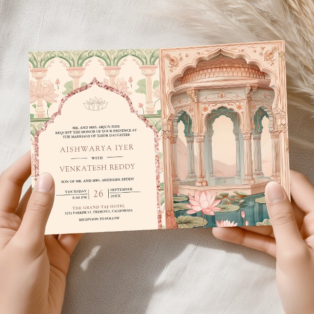 Invitation Blush Pink Mint Green Lotus Garden Indian Wedding (Créateur téléchargé)
