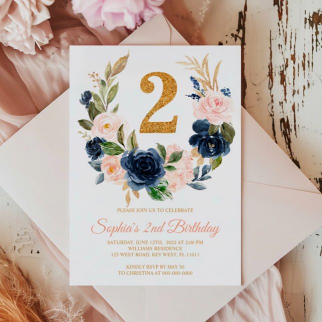 Invitation Blush Pink & Navy Blue Floral Wreath 2e anniversai (Créateur téléchargé)