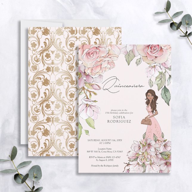 Invitation Blush Pink or Floral Quinceañera 15e anniversaire (Créateur téléchargé)
