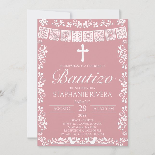 Invitation Blush Pink Papel Picado Spanish Bautizo (Devant)