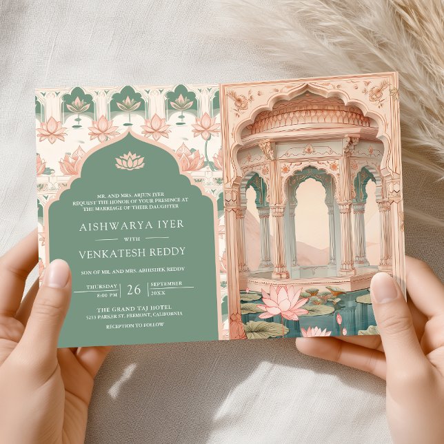 Invitation Blush Pink Pastel Green Lotus Pond Indian Wedding (Créateur téléchargé)
