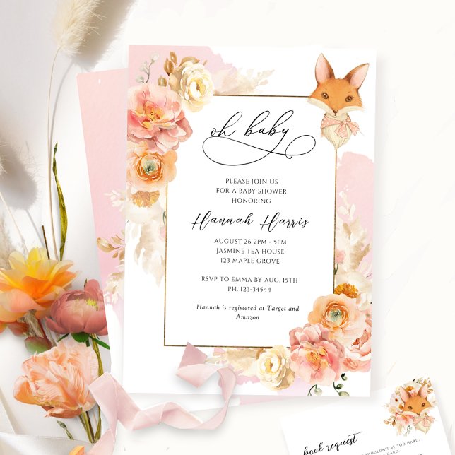 Invitation Blush Pink, Peach Floral et Fox Girl Baby shower (Créateur téléchargé)