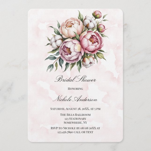 Invitation Blush Pink Peony and Cotton Bridal Shower  (Devant)