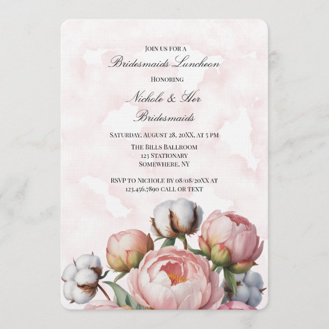 Invitation Blush Pink Peony and Cotton Bridesmaids Luncheon (Devant)