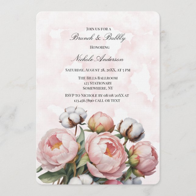 Invitation Blush Pink Peony and Cotton Brunch & Bubbly (Devant)