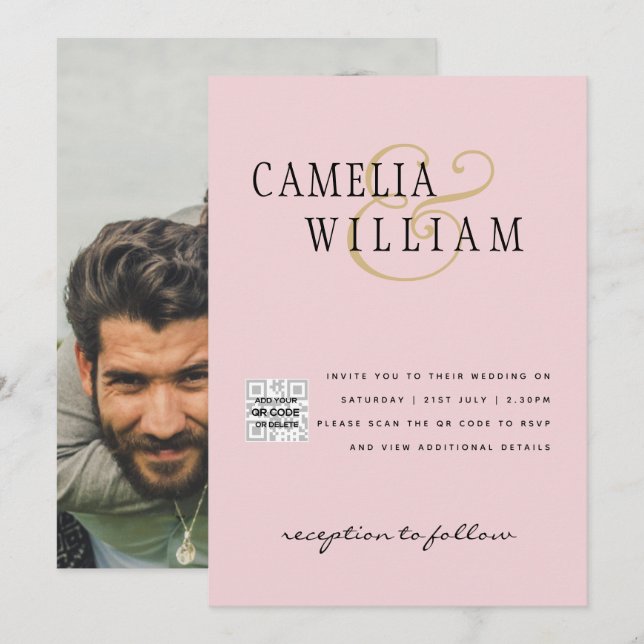 Invitation Blush PINK Photo Wedding Inviter QR Code Enregistr (Devant / Derrière)