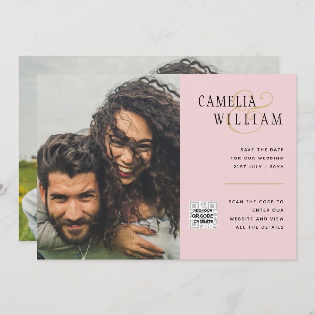 Invitation Blush PINK Photo Wedding Inviter QR Code Enregistr (Devant / Derrière)