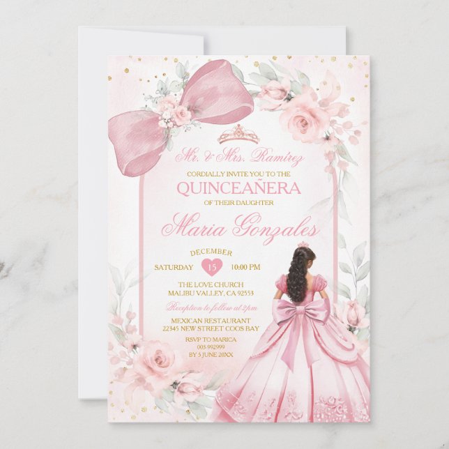 Invitation Blush Pink Princess Dress Bow Floral Quinceañera (Devant)