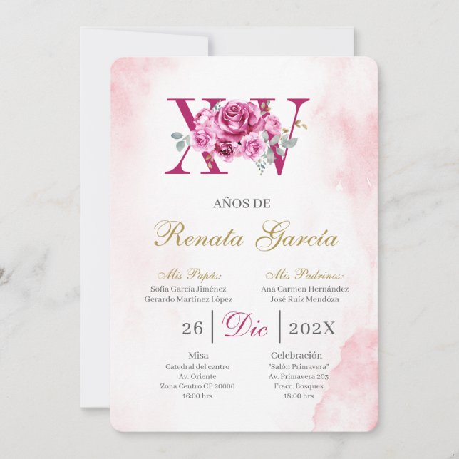 Invitation Blush pink quinceañera with pink rose (Devant)