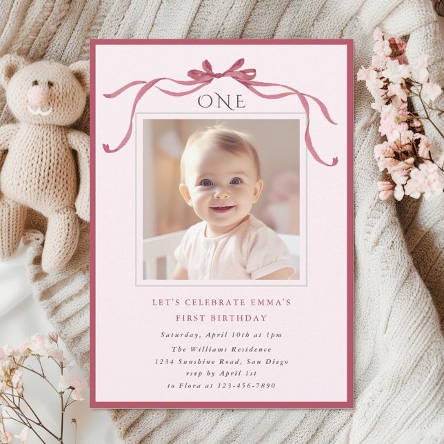 Invitation Blush Pink Red Bow Girl 1st Birthday Party (Créateur téléchargé)