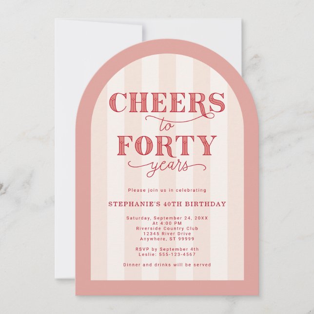 Invitation Blush Pink Red Cheers à 40 ans 40e anniversaire (Devant)