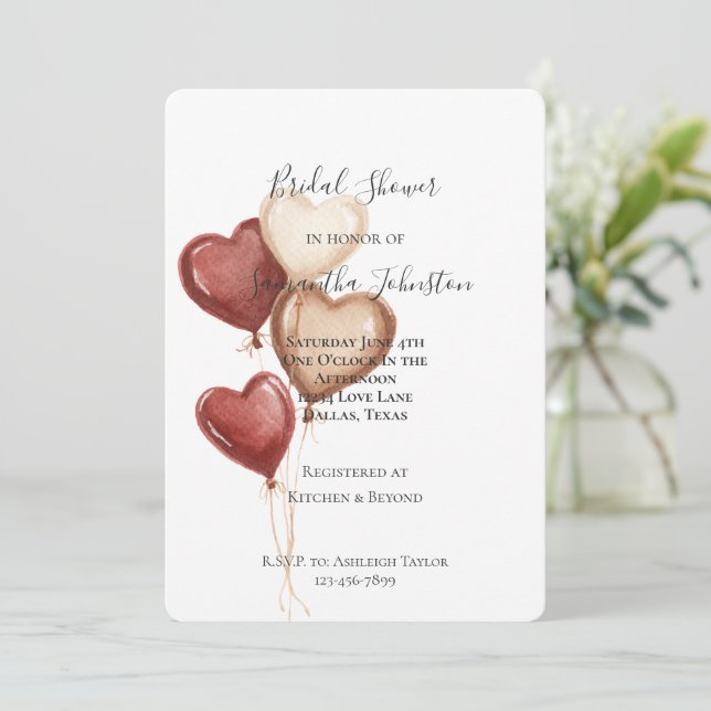 Invitation Blush Pink Red Cream Heart Balloons Bridal Shower (Debout devant)