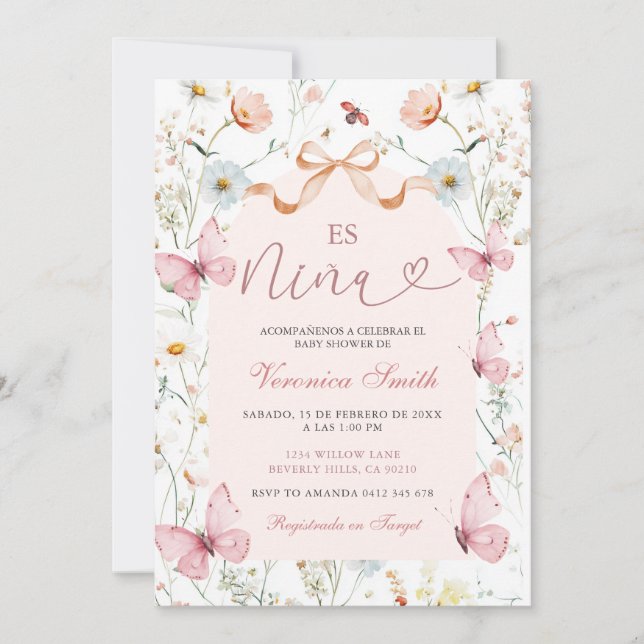 Invitation Blush Pink Ribbon Spanish Es Nina Baby Shower  (Devant)
