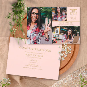 Invitation Blush Pink RN Nuring 3 Photo Graduation Party