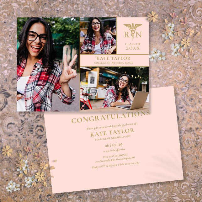 Invitation Blush Pink RN Nuring 3 Photo Graduation Party Inv (Blush Pink RN Nursing 3 Photo Graduation Party Invitation)