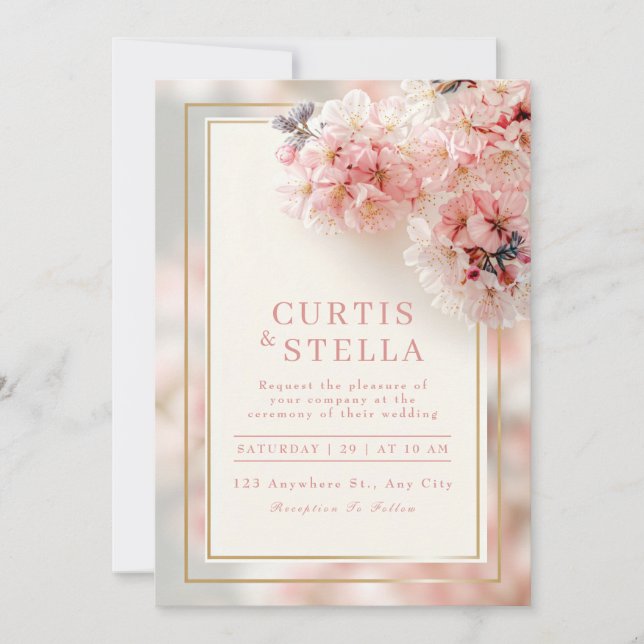 Invitation Blush Pink Romantic Sakura Gold Frame Wedding (Devant)