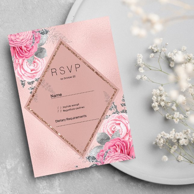 Invitation Blush pink silver glitter peony floral RSVP  (Blush pink silver glitter peony floral RSVP )