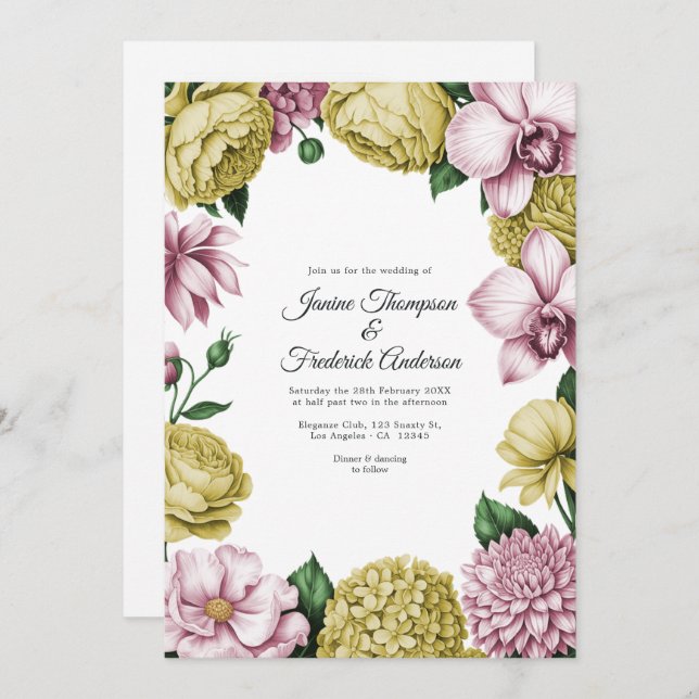 Invitation Blush Pink & Soft Gold Watercolor Floral Wedding (Devant / Derrière)