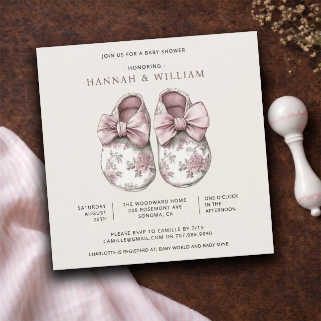 Invitation Blush Pink Toile Baby Booties Baby Girl Shower. (Créateur téléchargé)