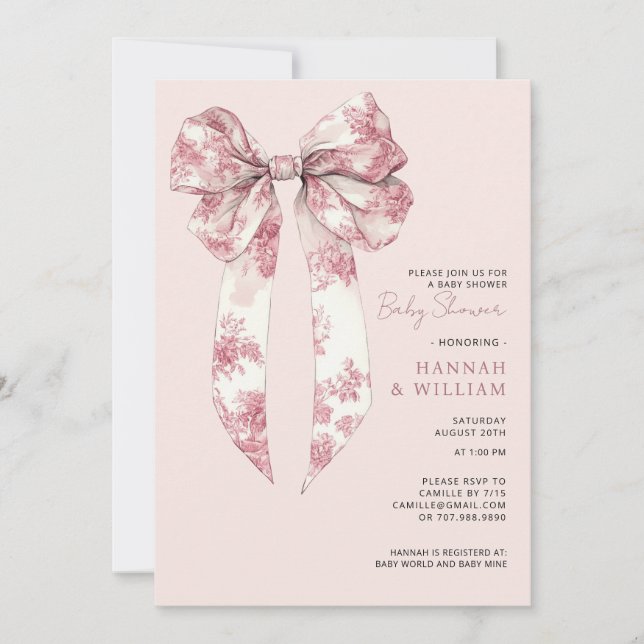 Invitation Blush Pink Toile Coquette Ribbon Girl Baby Shower (Devant)