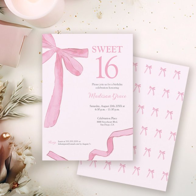 Invitation Blush Pink trendy Bow Ribbon Coquette Sweet 16  (Coquette Blush pink ribbon bow Sweet 16 birthday invitation in print and digital download.)