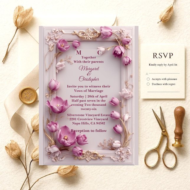 Invitation Blush Pink Tulips Baroque Opulent Ivory Wedding  (Blush Pink Tulips Baroque Opulent Ivory Wedding Invitation)