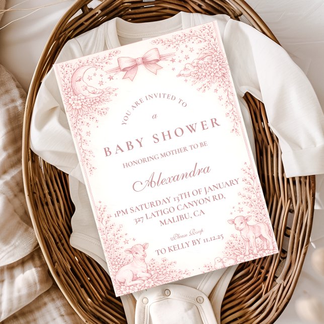 Invitation Blush Pink Vintage Toile Lamb Baby Shower (Créateur téléchargé)