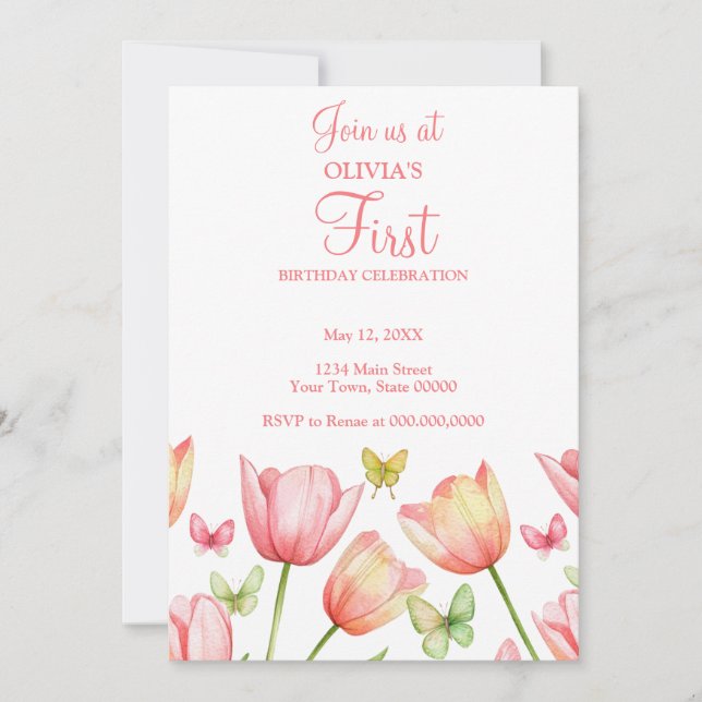 Invitation Blush Pink Watercolor Tulips 1st Birthday Party  (Devant)