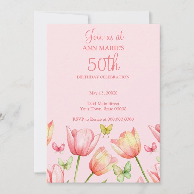 Invitation Blush Pink Watercolor Tulips 50th Birthday Party  (Devant)