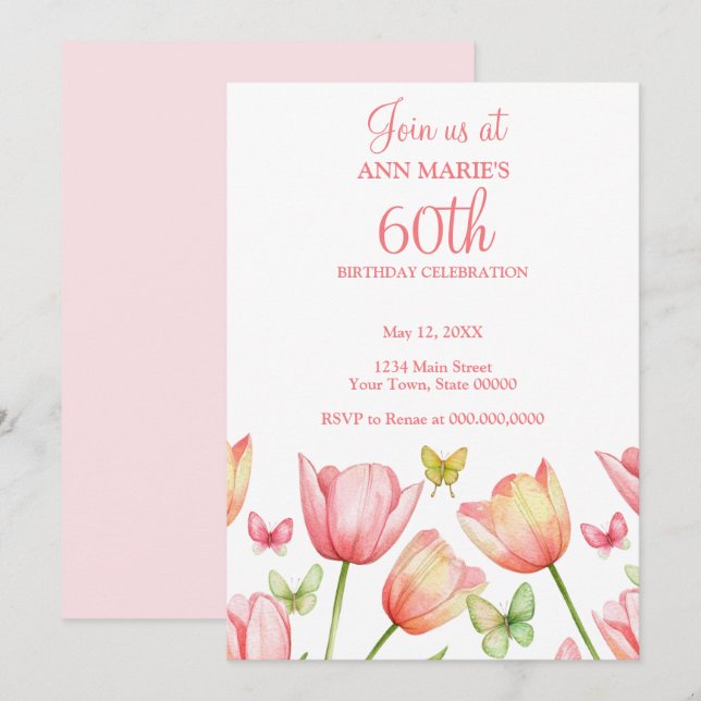 Invitation Blush Pink Watercolor Tulips 70th Birthday Party  (Devant / Derrière)