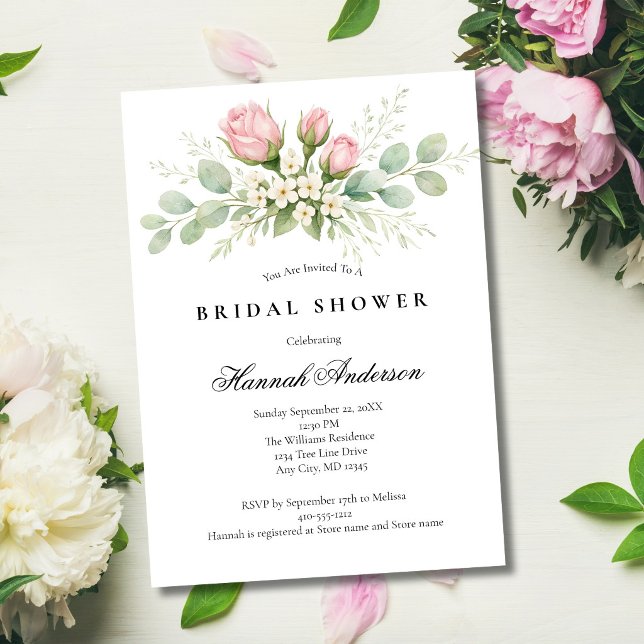 Invitation Blush Pink White Florals Elegant Bridal Shower (Blush Pink Roses Greenery Bridal Shower Invitation. Elegant Formal. Digital or Printed)