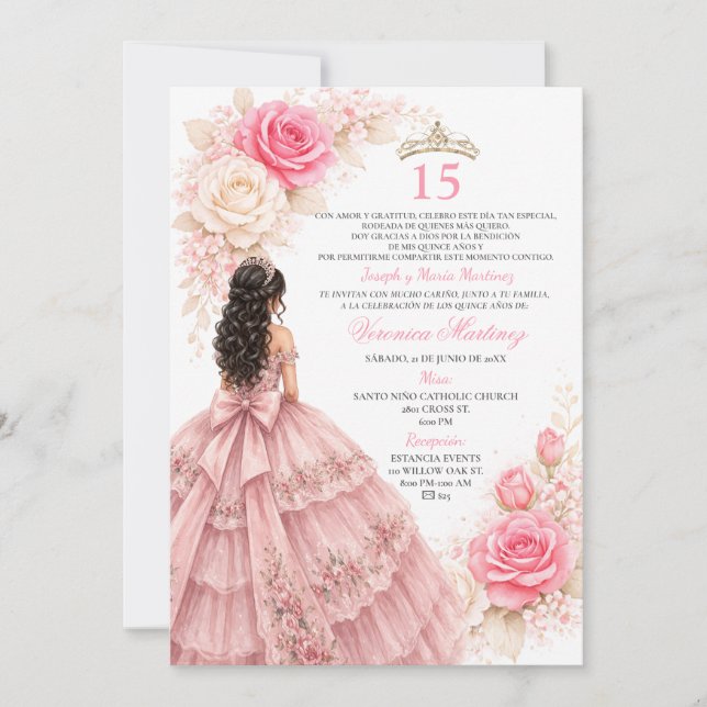 Invitation Blush Princess Dress Sweet 15 Elegant Rose Gold (Devant)