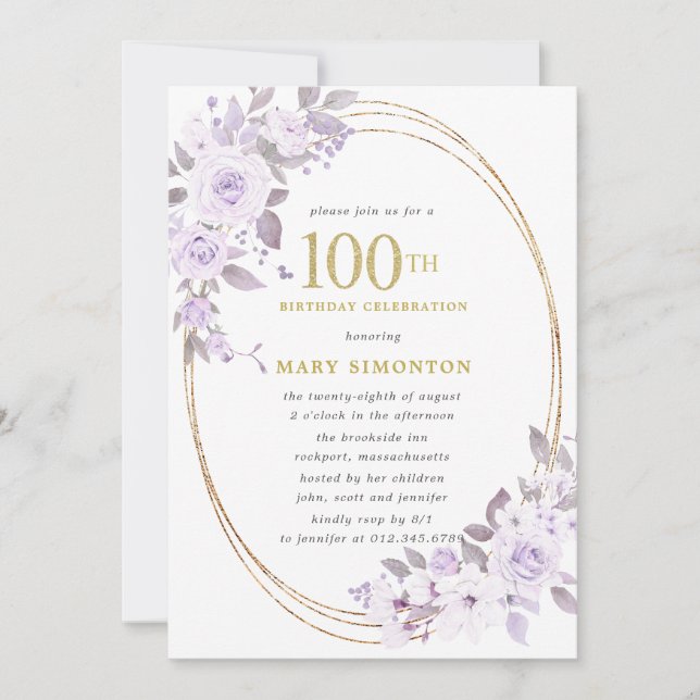 Invitation Blush Purple Rose Floral 100e fête d'anniversaire (Devant)