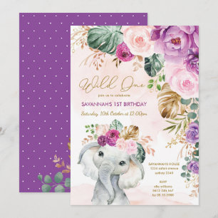 Invitation Blush Purple Tropical Floral Elephant 1er annivers
