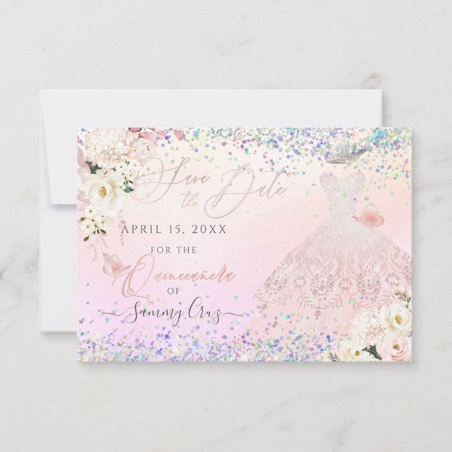 Invitation Blush Quinceanera Enregistrer Date Holographique C (Devant)
