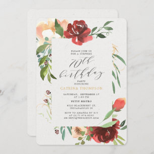 Invitation Blush Red Floral 70e fête d'anniversaire surprise