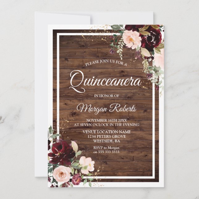 Invitation Blush & Red Wine Floral Rustique Quinceanera Party (Devant)