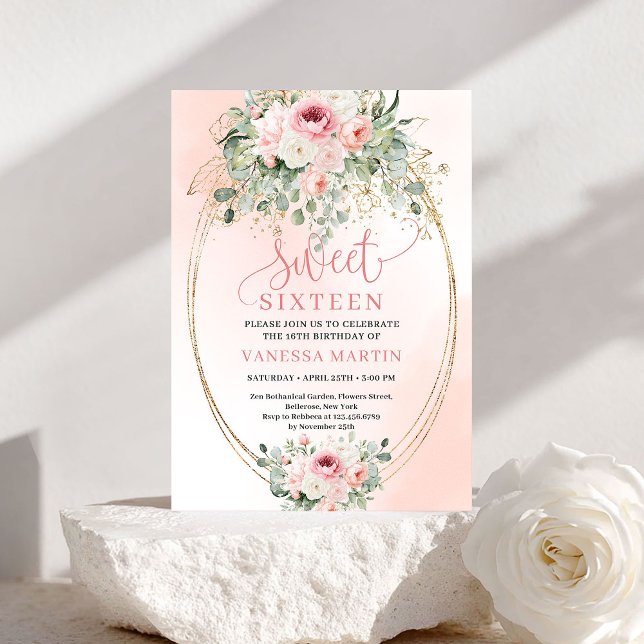 Invitation Blush Romantique et Or Fleurs Douces pour un Sweet (Romantic Blush and Gold Sweet Sixteen Floral Invite)