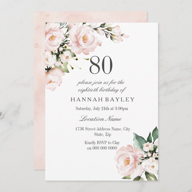 Invitation Blush rose & blanc Floral 80e fête d'anniversaire (Devant / Derrière)