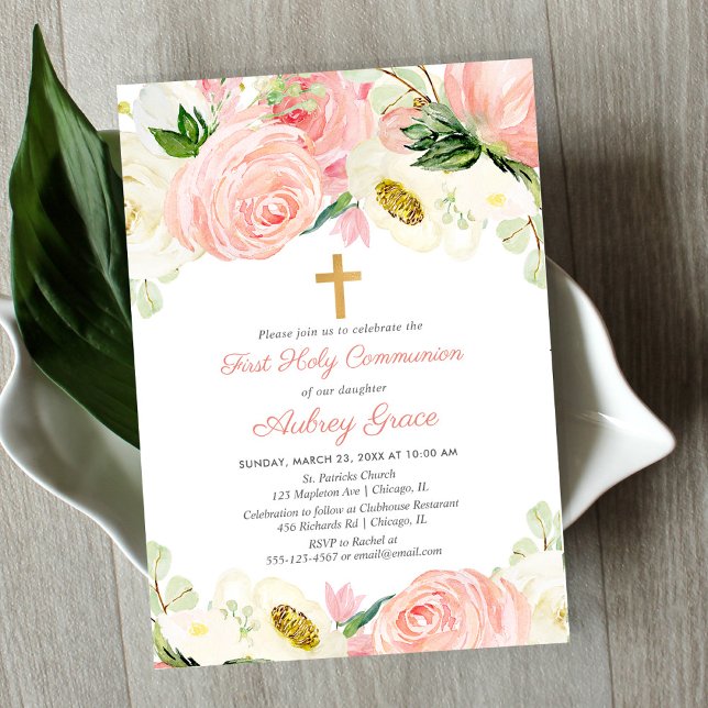 Invitation Blush rose blanc floral Première sainte communion (Créateur téléchargé)