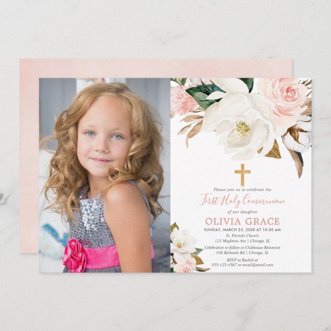Invitation Blush rose blanc floral rustique communion photo (Devant / Derrière)