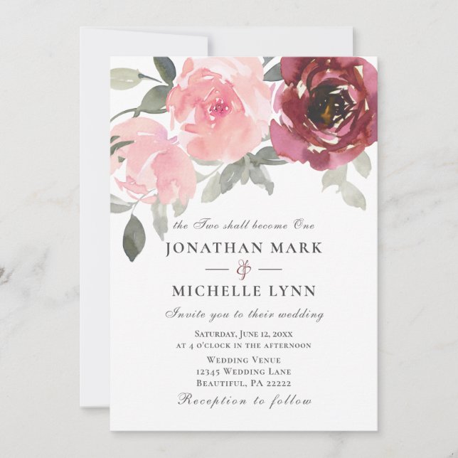Invitation Blush rose Bourgogne Fleurs Mariage chrétien (Devant)