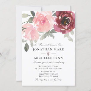 Invitation Blush rose Bourgogne Fleurs Mariage chrétien