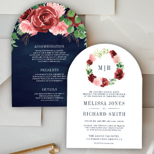 Invitation Blush rose Bourgogne Floral Mariage bleu marine