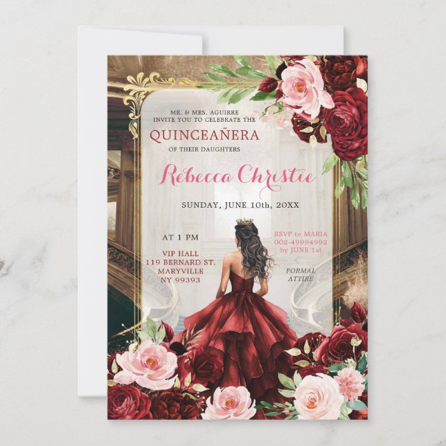 Invitation Blush rose Bourgogne Rouge Floral Quinceañera (Devant)