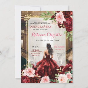 Invitation Blush rose Bourgogne Rouge Floral Quinceañera
