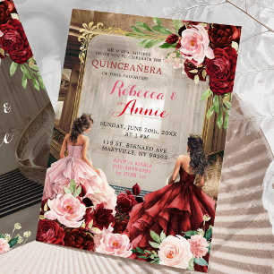 Invitation Blush rose Bourgogne Rouge Floral Twins Quinceañer