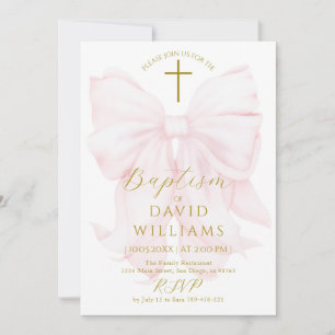 Invitation Blush Rose Bow Girls Baptême Élégant numérique