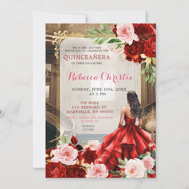 Invitation Blush rose brillant Rouge Floral Quinceañera (Devant)